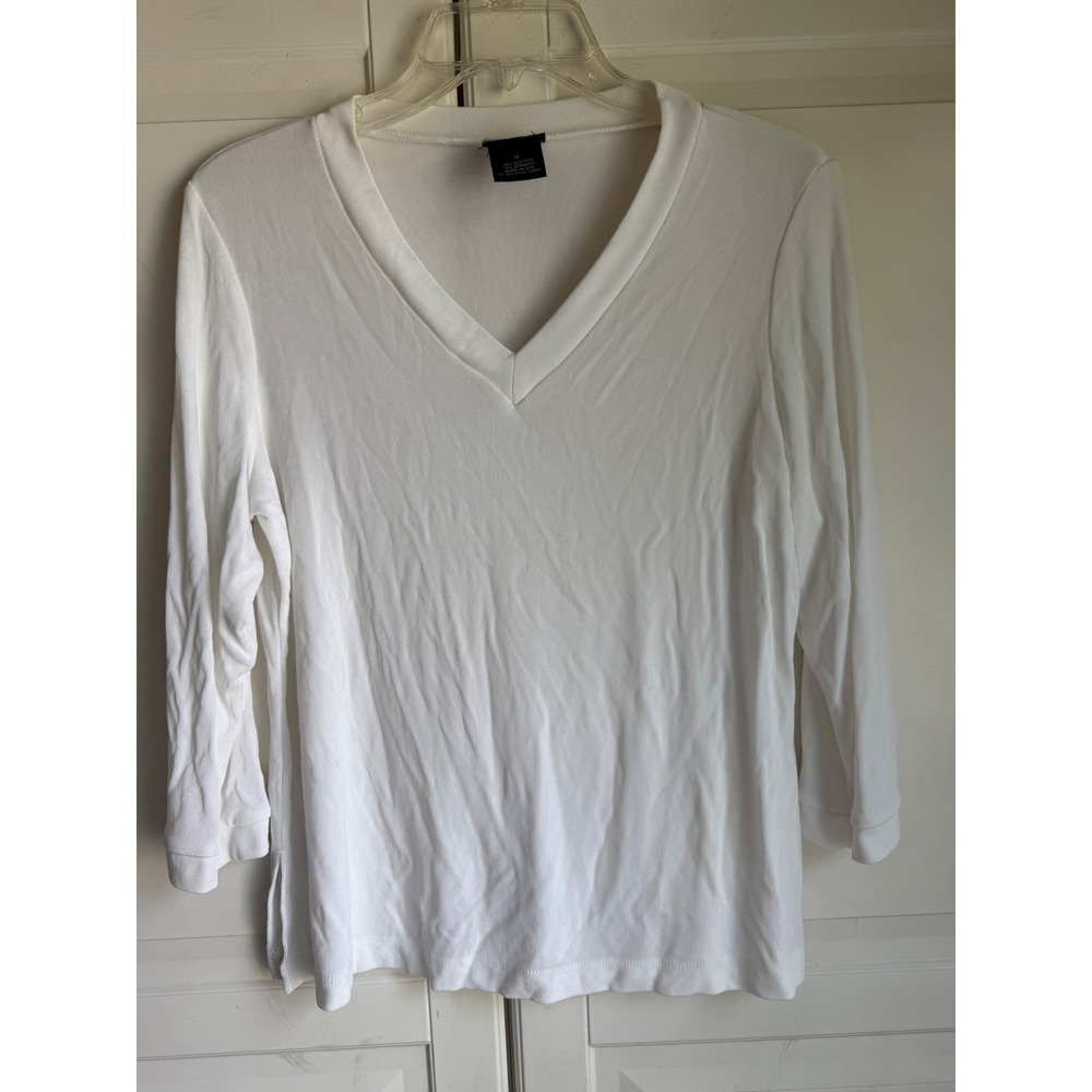 Citiknits Womens White V-Neck 3/4 Sleeve Top Acetate Spandex Size M USA Made